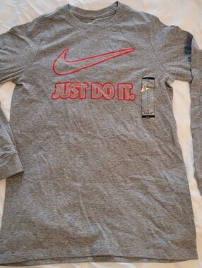Nike Gray Long Sleeve Shirt with Pink-Outlined Swoosh